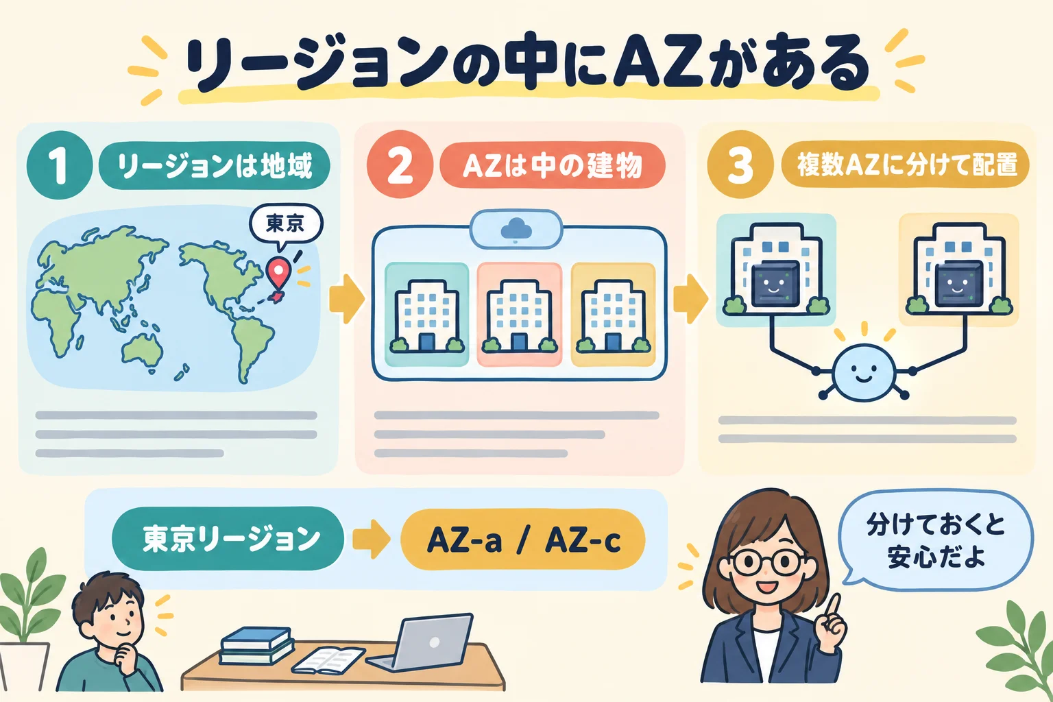 リージョンという地域の中に複数の独立したAZがあり、サーバーを分けて配置するイメージ