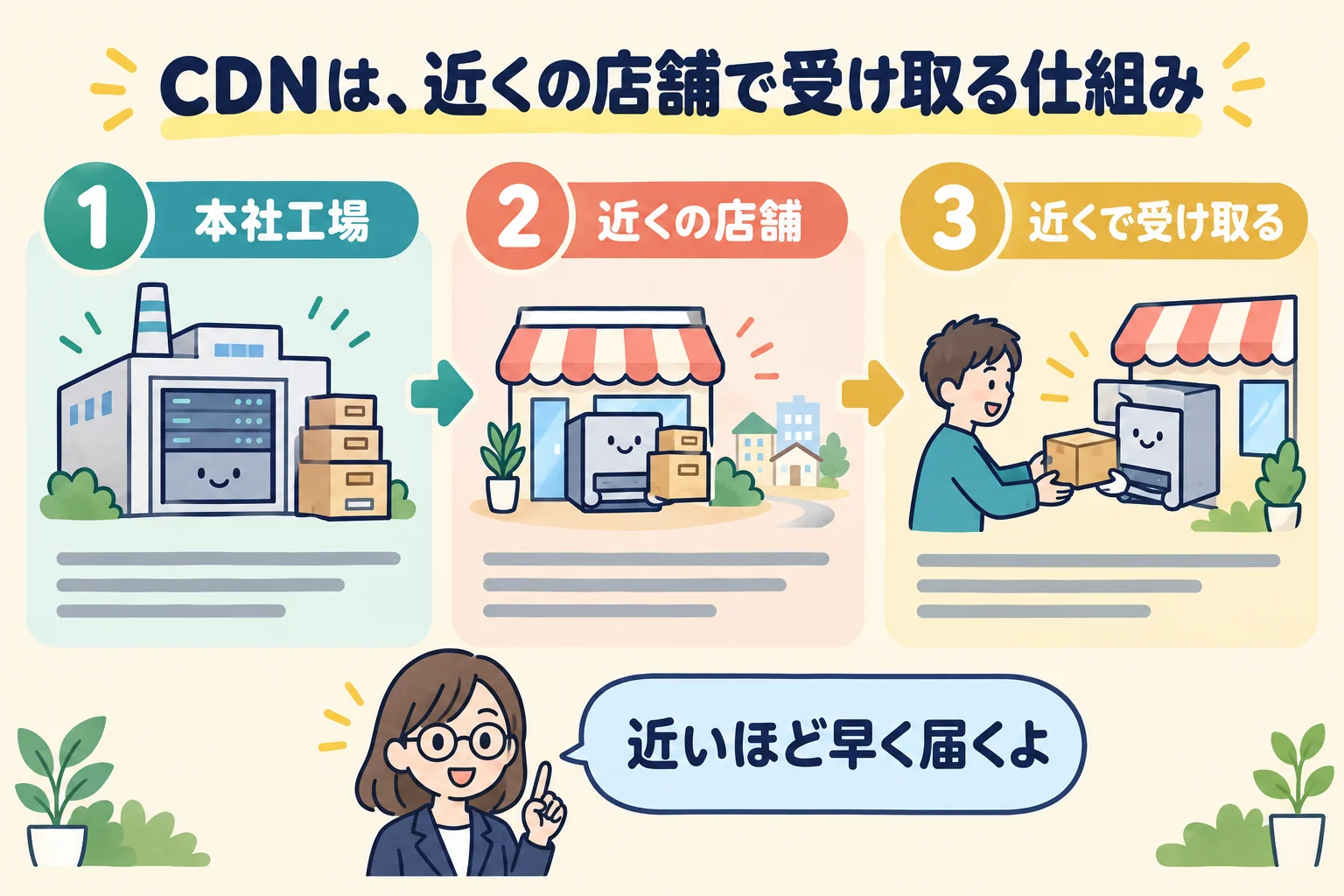 本社工場から各地の店舗を経てお客さんに届く例えで表したCDNの仕組み