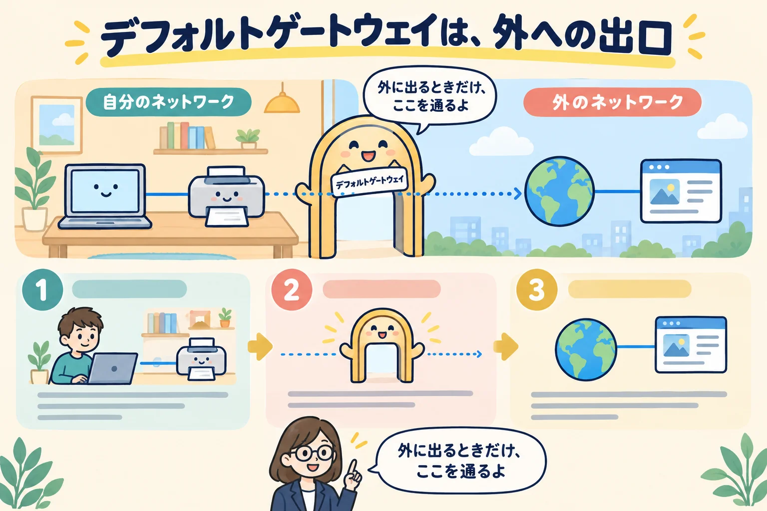 自分のネットワークの中と外をデフォルトゲートウェイという出口で分けたイメージ