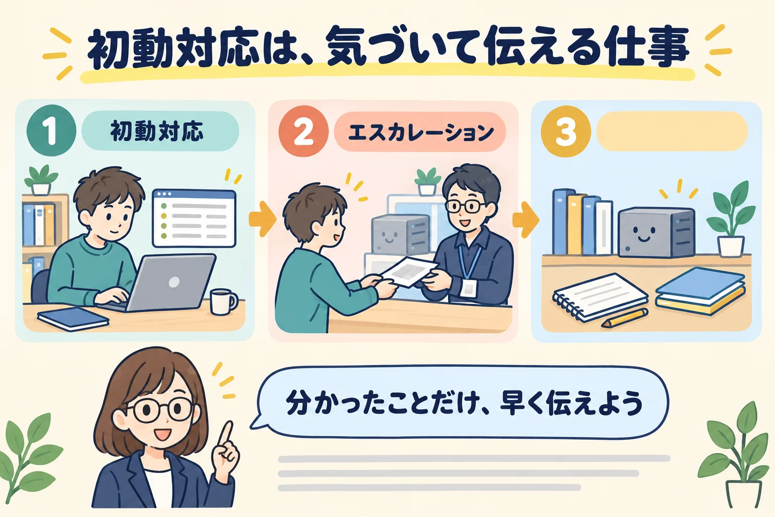 アラートを確認する未経験エンジニアと先輩へのエスカレーションを表したイメージ