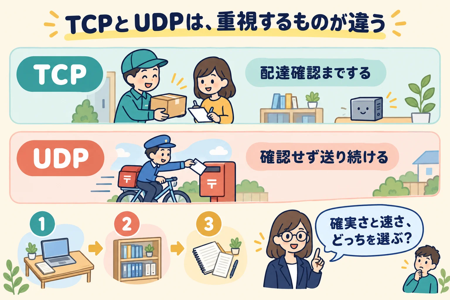 確実さを重視するTCPと速さを重視するUDPを対比したイメージ