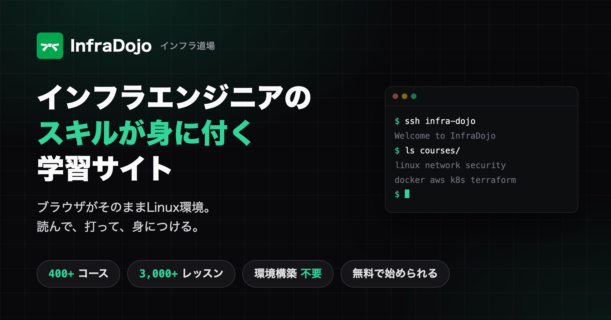 InfraDojo — InfraDojoは、ブラウザ上のターミナルでLinuxコマンドを実際に入力しながら学べる、インフラエンジニア向けの実践学習プラットフォームです。環境構築不要・無料で始められます。